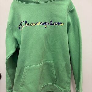Champion Mint Green Script Logo Hoodie with Navy & Yellow Accents